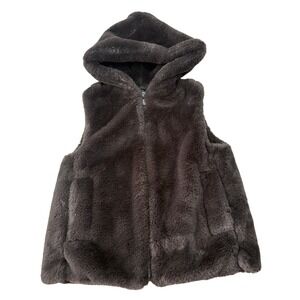 Zara Kids Girls Faux Fur Hooded Vest Dark Grey Full Zip Youth 8/9